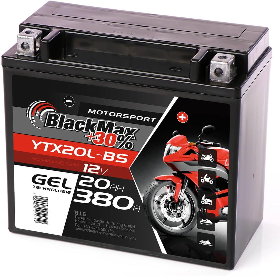 BlackMax YTX20L-BS Motorradbatterie GEL 12V 20Ah GTX20L-BS CTX20L-BS Outlander 20Ah - 340A - YTX20L-