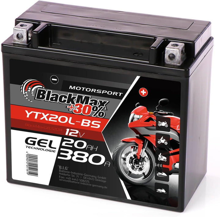 BlackMax YTX20L-BS Motorradbatterie GEL 12V 20Ah GTX20L-BS CTX20L-BS Outlander 20Ah - 340A - YTX20L-