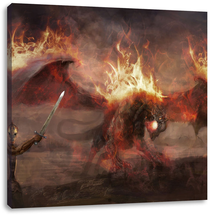 Pixxprint Ritter Drachen Feuer als Leinwandbild/Grösse: 70x70 cm/Wandbild/Kunstdruck/fertig bespannt