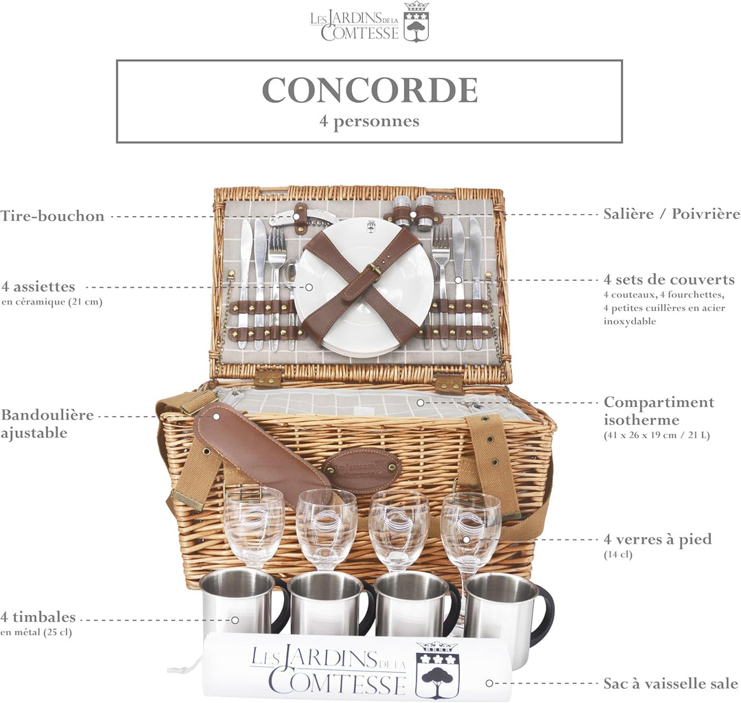 Les Jardins de la Comtesse - Picknick-Korb aus Weidengeflecht Concorde - für 4 Personen, Kühlbox, Te