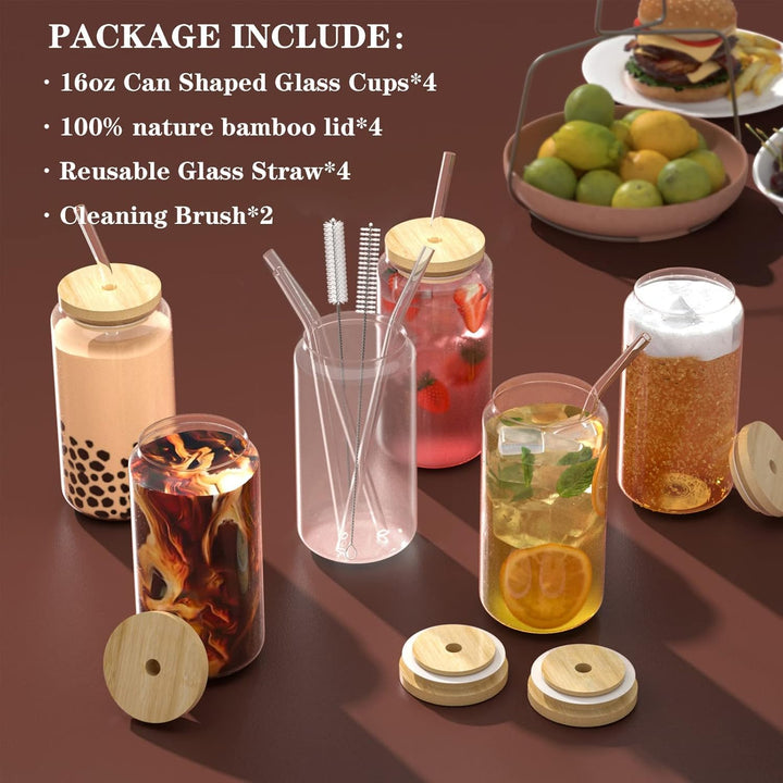 FINEW Gläser mit Deckel und Strohhalm 4 Stück, 16oz/450ml Eiskaffee Gläser, Cocktailgläser, Iced Cof