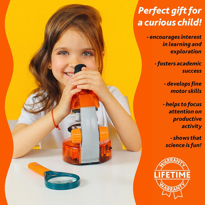 Levenhuk LabZZ M101 Orange/Orange 40X-640X Einsteigermikroskop für Kinder mit pädagogischem Wissensc