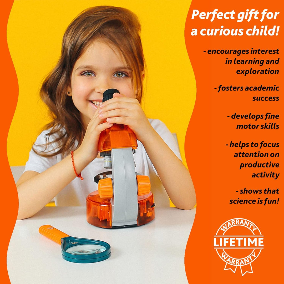 Levenhuk LabZZ M101 Orange/Orange 40X-640X Einsteigermikroskop für Kinder mit pädagogischem Wissensc