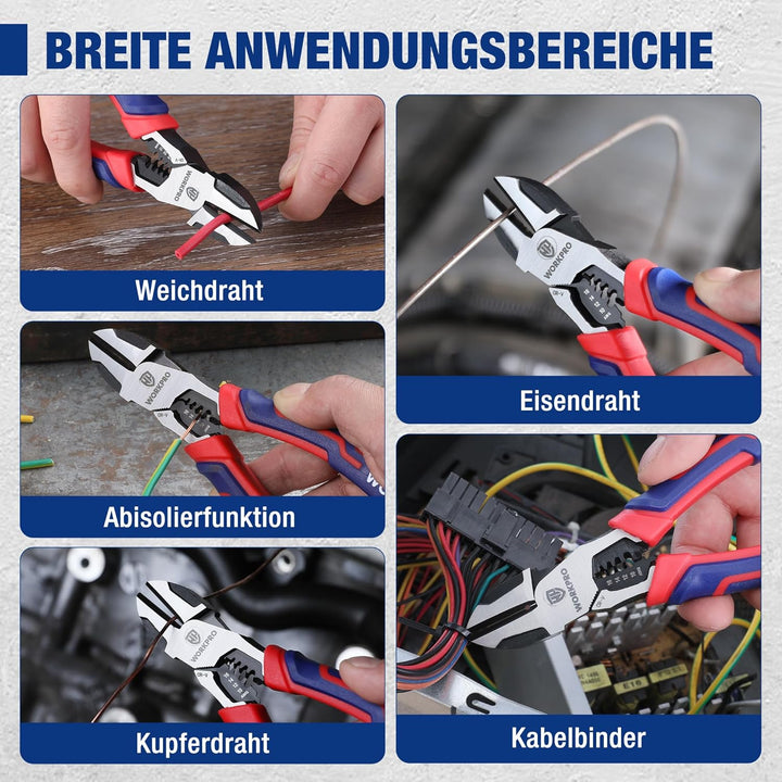 WORKPRO Seitenschneider Abisolierzange 2-in-1 Multifunktionale Zange Drahtschneider 200mm zum Abisol