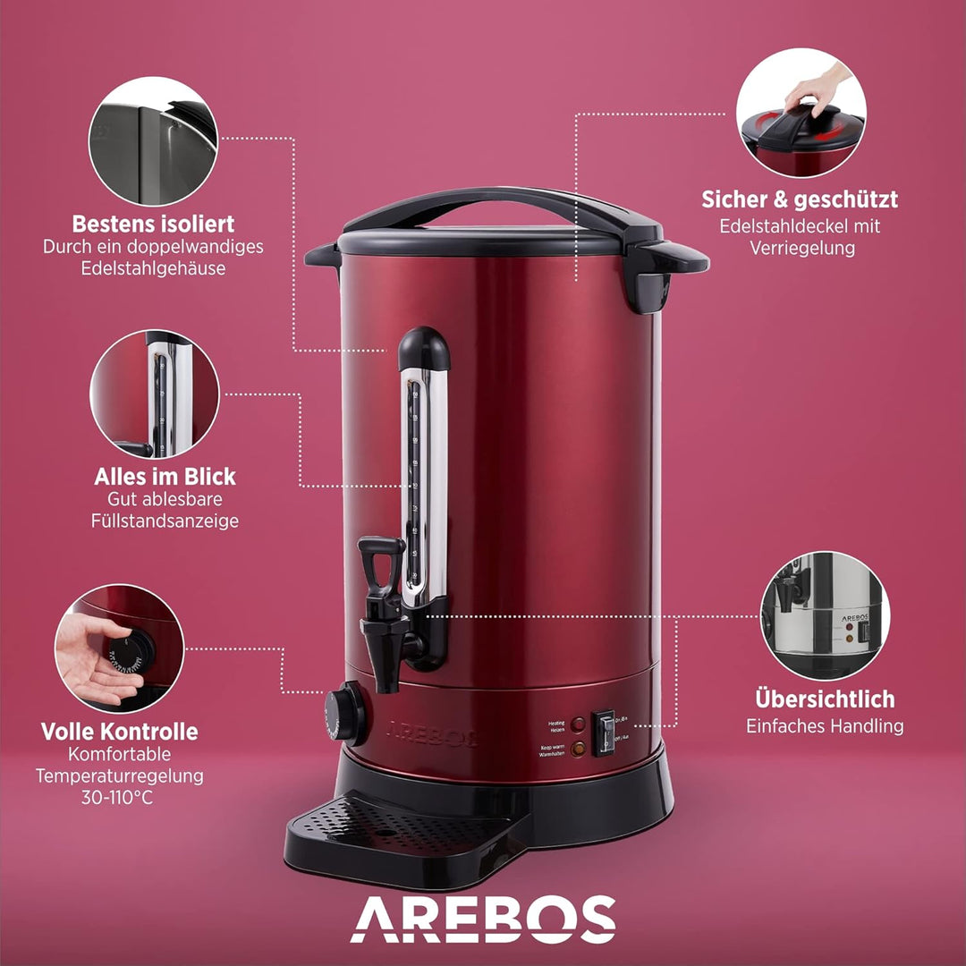 Arebos Glühweinkocher 1650 W | Heissgetränkespender | 20 L | mit Auffangschale, Auslasshahn, Thermos