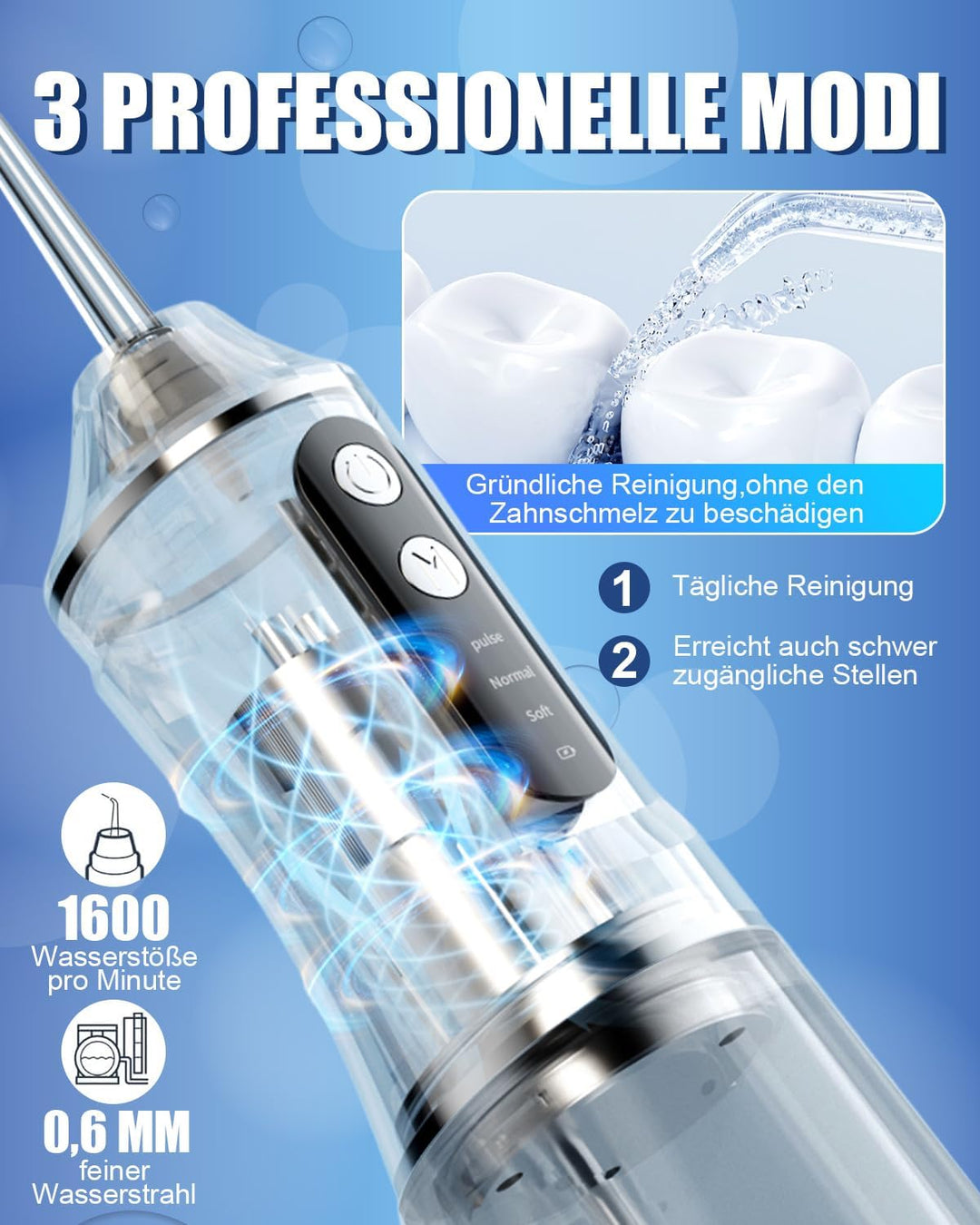Munddusche Kabellos Elektrisch, 2026 380ml Wassertank, 3 Modi &amp; 4 Düsen, 1600 Wasserstösse/Min, IPX7