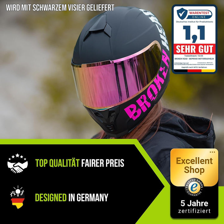 Broken Head BeProud Sport Pink-Schwarz-Matt Special Edition - Motorradhelm + Gratis Schwarzem Visier