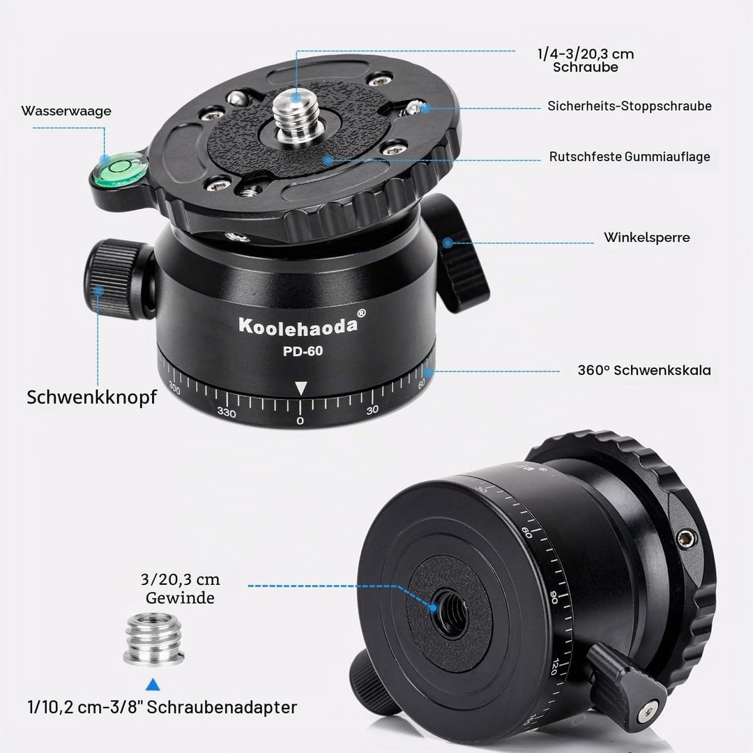 Koolehaoda PD-60 Stativ Nivellierbasis Leveling Base mit 3/8 Zoll Gewinde und 360° Panorama-Basis, 1