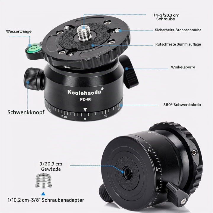 Koolehaoda PD-60 Stativ Nivellierbasis Leveling Base mit 3/8 Zoll Gewinde und 360° Panorama-Basis, 1