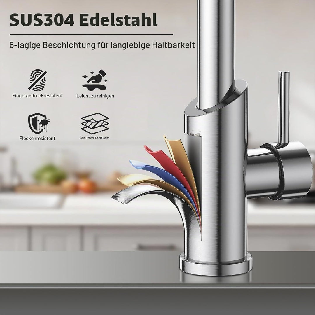 Wasserhahn Küche,Hoher Bogen Hochdruck Küchenarmatur mit Herunterziehen Brause, Spiralfeder Spültisc