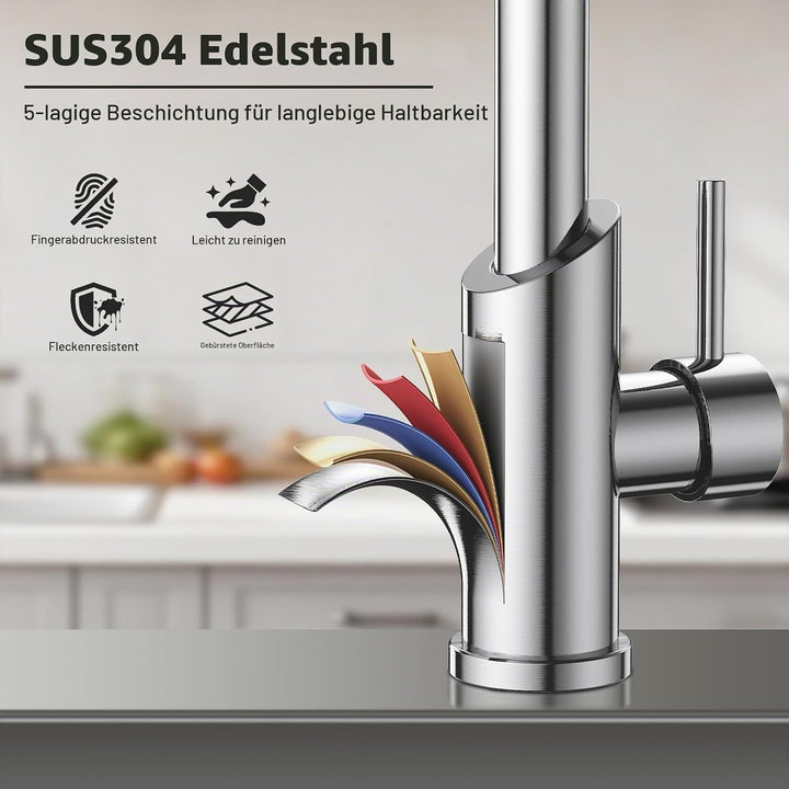 Wasserhahn Küche,Hoher Bogen Hochdruck Küchenarmatur mit Herunterziehen Brause, Spiralfeder Spültisc