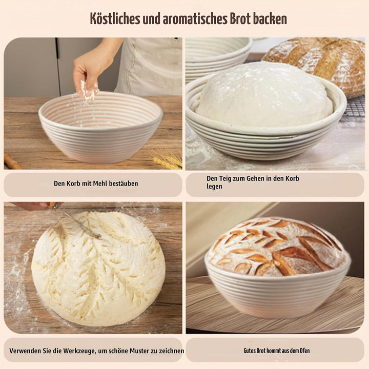 Gärkorb Rund 23cm, Gärkörbchen Set, Banneton, Natürlichem Rattan, Bürste, Bread Brotmesser, Leinentu