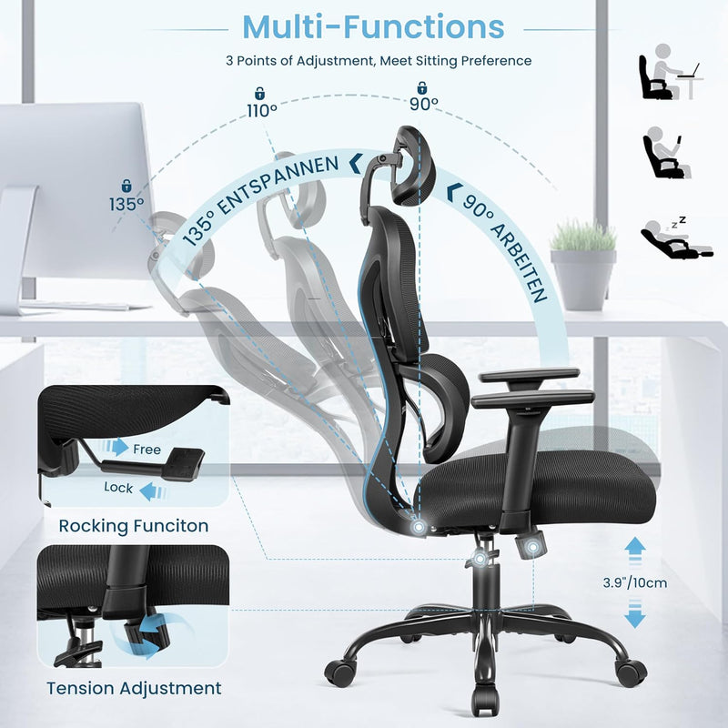 KERDOM Bürostuhl Ergonomischer Schreibtischstuhl,mit Verstellbarer Kopfstütze, Armlehnen, Lendenwirb