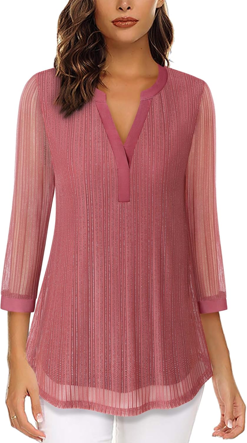 Damen 3/4 Ärmel Oberteil Henley V-Ausschnitt Hemden doppellagig Mesh Bluse Tuniken L Rosa, L Rosa