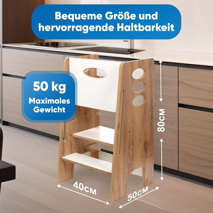 Kitchen Kids Helper Lernturm ab 1 Jahr - Höhenverstellbarer Lernturm Montessori Eiche-Weiss 80cm - S