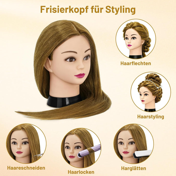 TwoWin Frisierkopf 80% Echthaar, Übungskopf 24 Zoll /60cm Friseurkopf, Trainingskopf für Friseure fü
