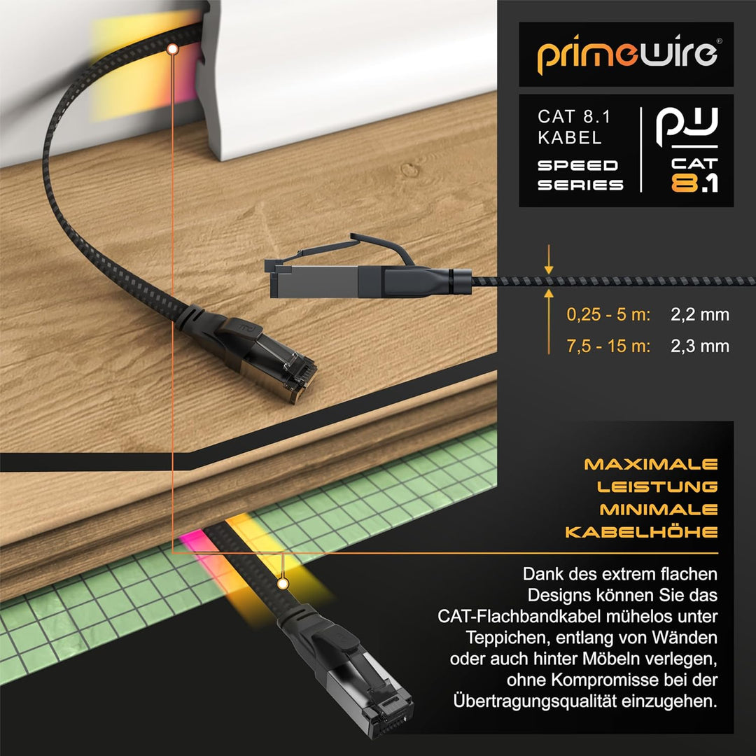 CSL - 10m CAT8.1 Netzwerkkabel Flach 40 Gbits - Baumwollmantel - LAN Kabel Patchkabel - CAT8 Gigabit