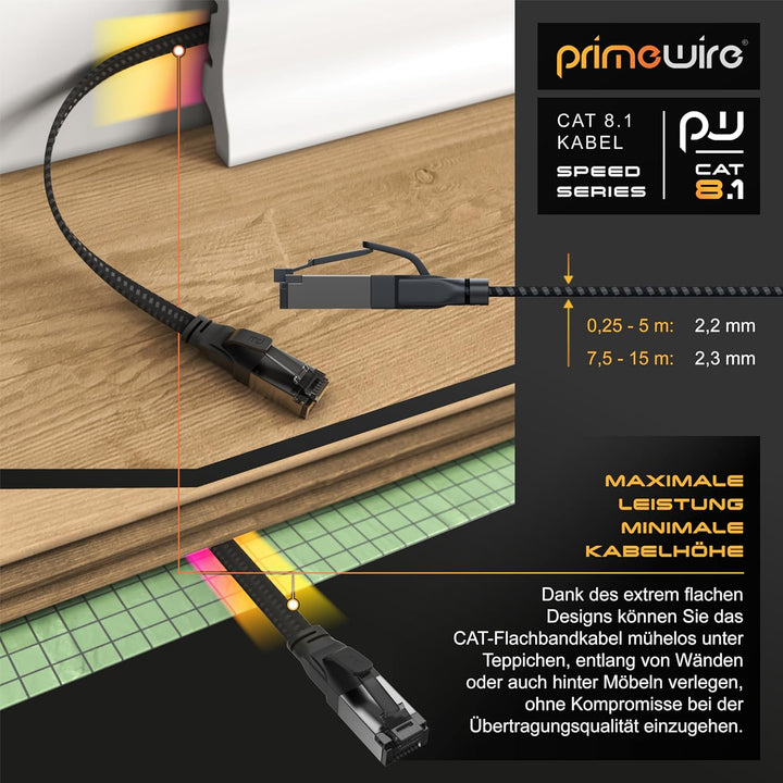 CSL - 10m CAT8.1 Netzwerkkabel Flach 40 Gbits - Baumwollmantel - LAN Kabel Patchkabel - CAT8 Gigabit