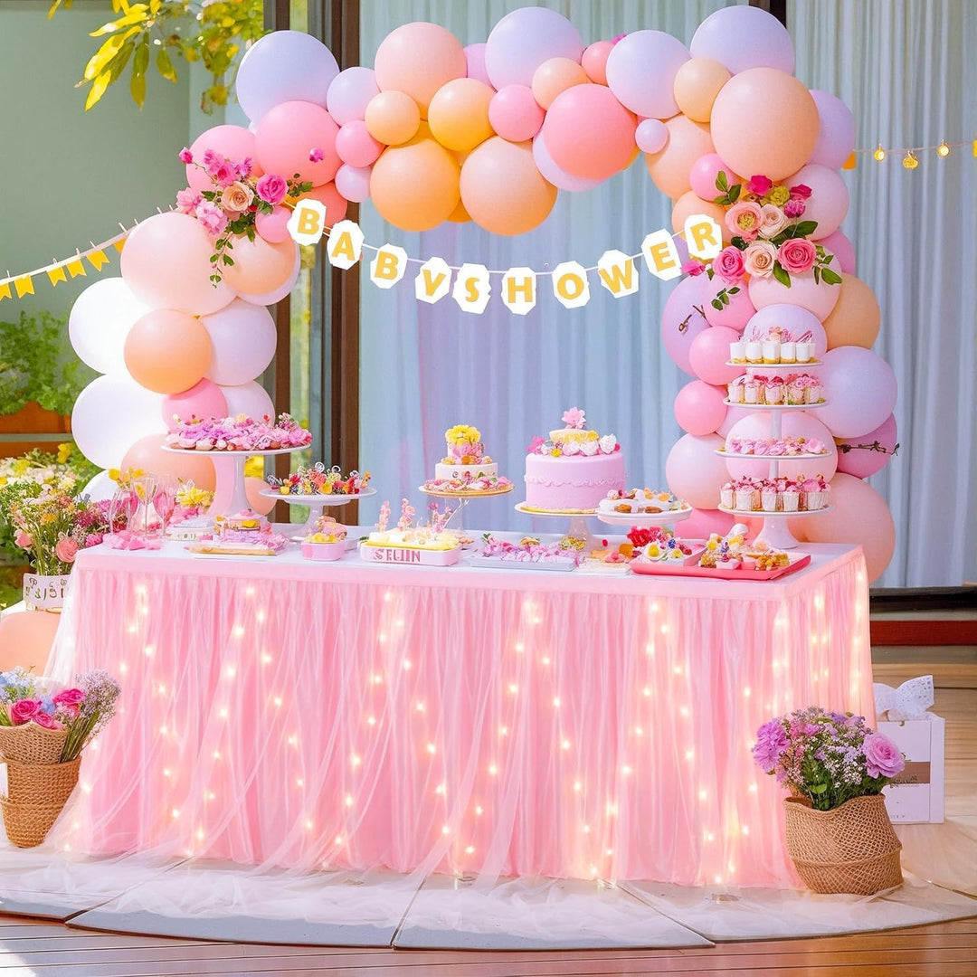 HBBMAGIC Baby Rosa Tüll Tischrock Mit Licht, 2-Langer 183cm Lang Rosa Rüschen Tulle Tischröcke, Wasc