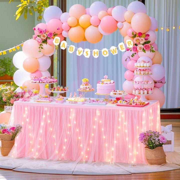 HBBMAGIC Baby Rosa Tüll Tischrock Mit Licht, 2-Langer 183cm Lang Rosa Rüschen Tulle Tischröcke, Wasc
