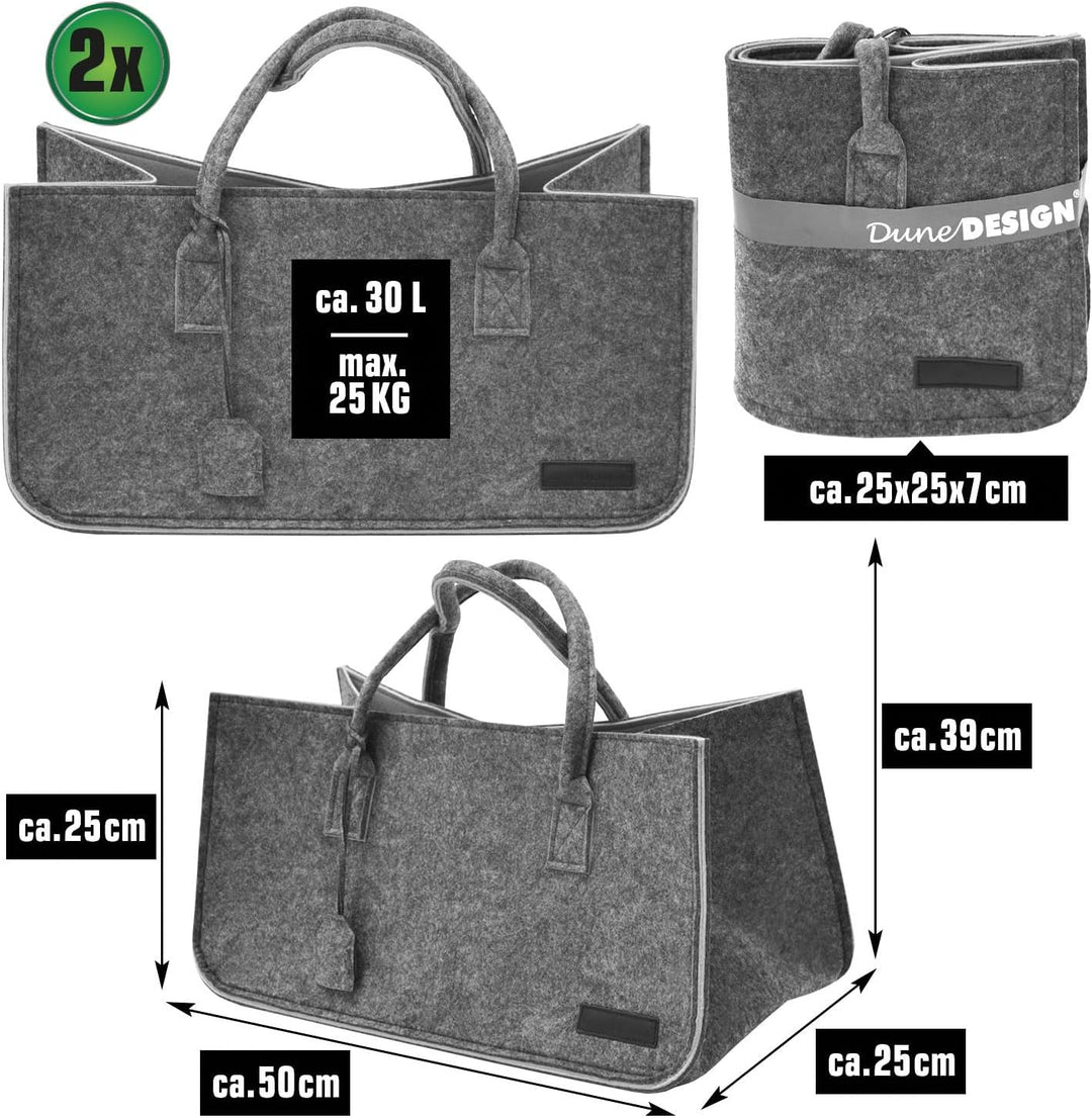 DuneDesign 2er Set: Schwerlast Shopping Bag Filz XXL - 50x25x25 Filztasche Gross - Kamintasche für H