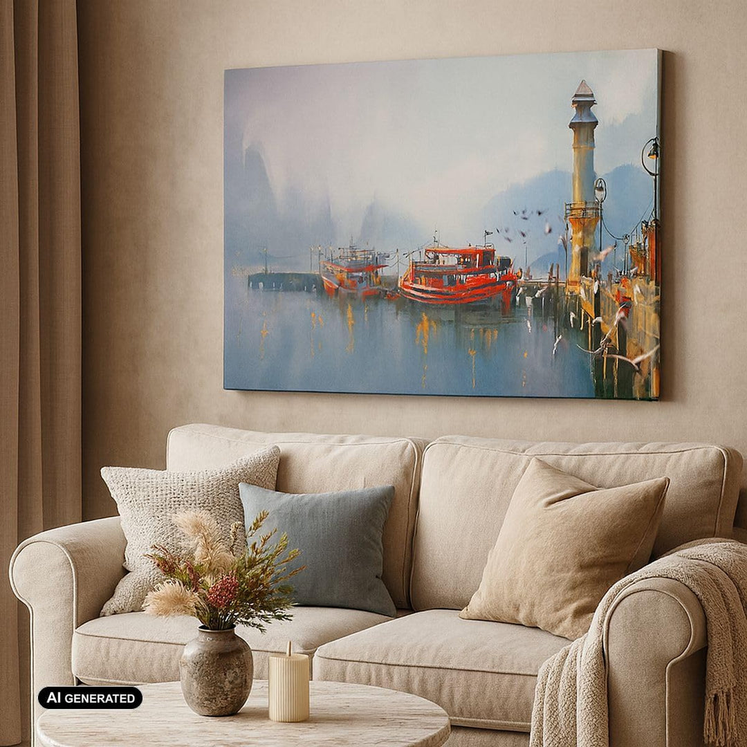 Bilder auf Leinwand 100x70cm Leinwandbild mit Rahmen Hafen Laterne Boot Gross Wanddeko Bild Schlafzi