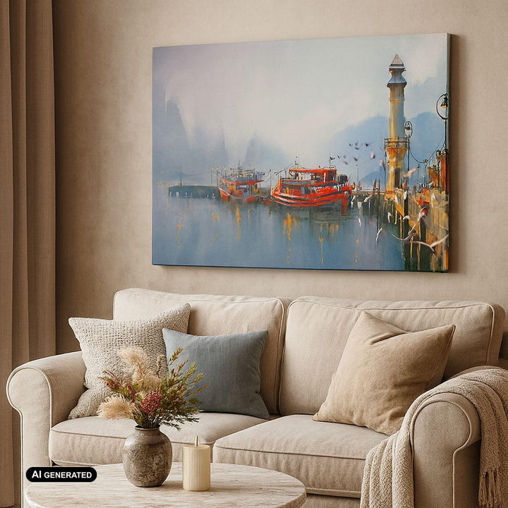 Bilder auf Leinwand 100x70cm Leinwandbild mit Rahmen Hafen Laterne Boot Gross Wanddeko Bild Schlafzi