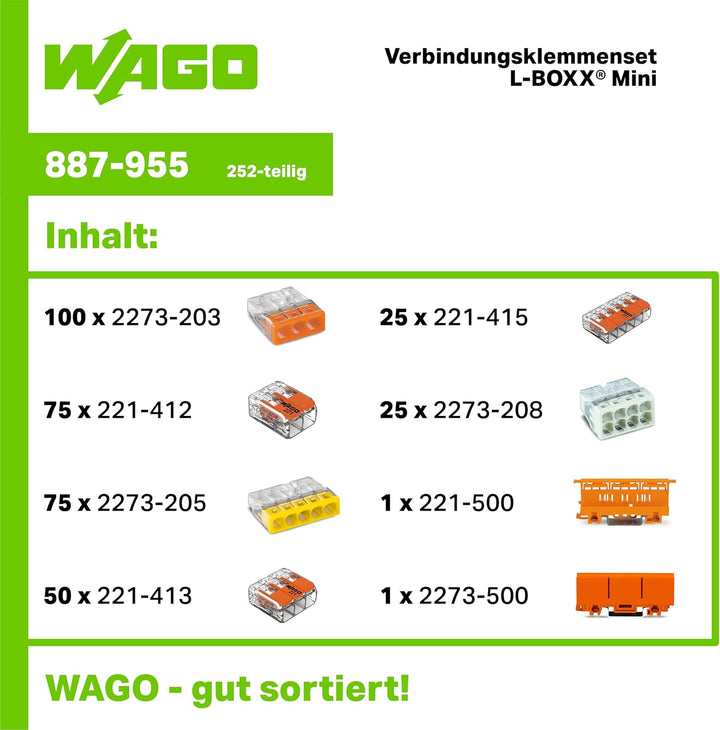 WAGO® Original-Set, L-Boxx Mini, Verbindungsklemmen mit Hebel, Dosenklemmen, 887-955 (352 Teile) 887