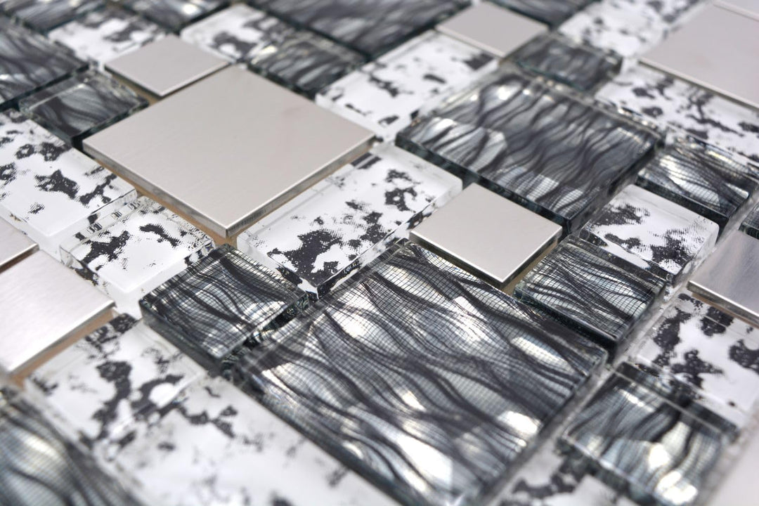 Mosaik-Netzwerk MosaikflieseKombination Crystal/Stahl mix schwarz struktur Glasmosaik Transluzent Tr