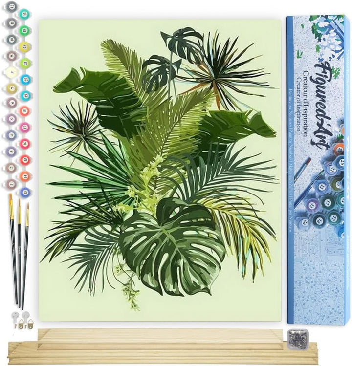Figured'Art Malen Nach Zahlen Erwachsene Mit Rahmen Grüne Blätter - Paint by Numbers Basteln DIY Bas