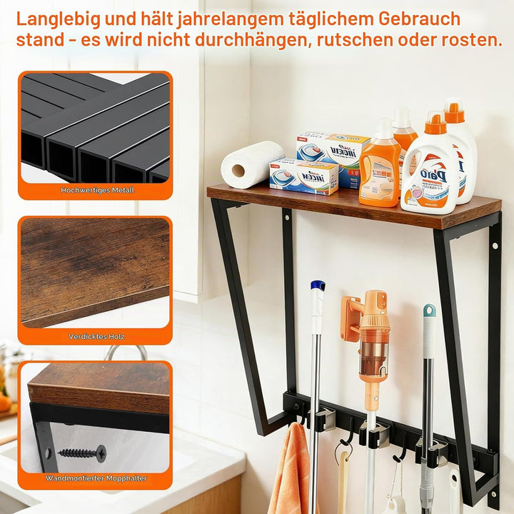 CASDUCT Besenhalterung Wand, 4 Haken + 3 Clips, Schwarz, Schwerlast Gerätehalter mit Einem Ablagefac