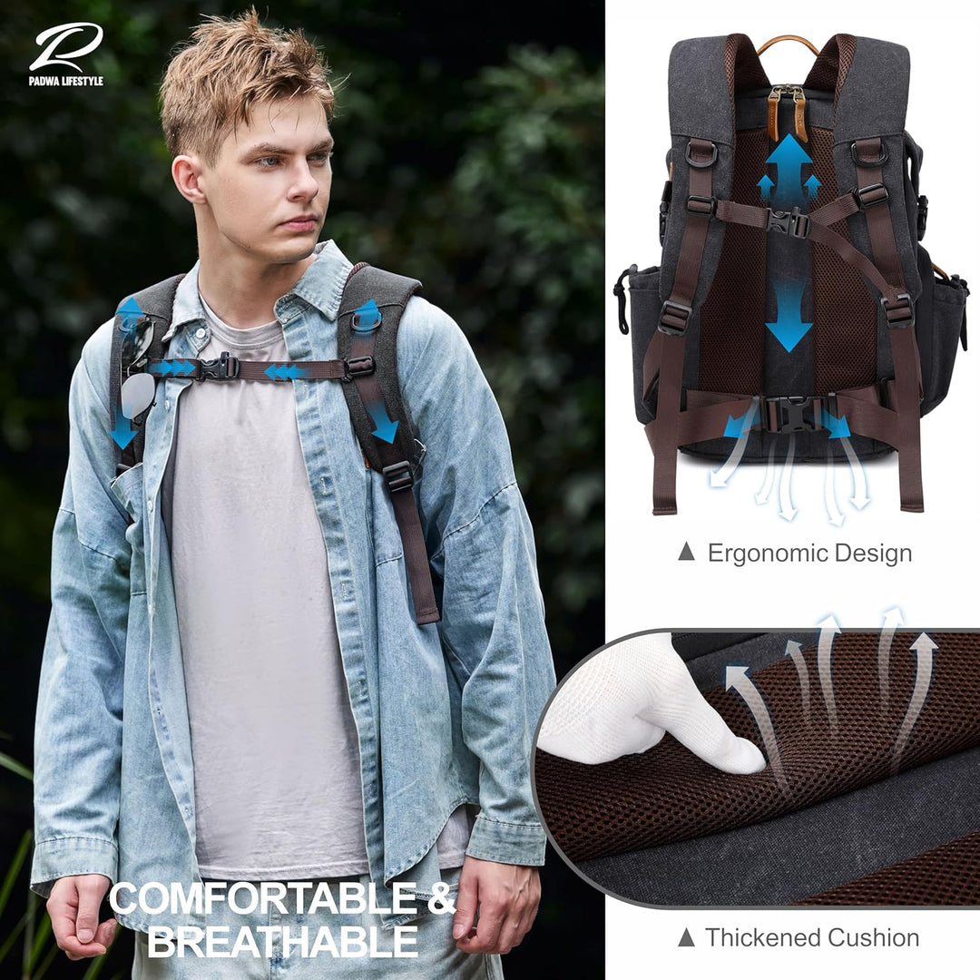 Padwa Lifestyle Kamerarucksack - Gewachstem Memory Canvas Kamerarucksack mit 16“ Laptop-/Objektivfac