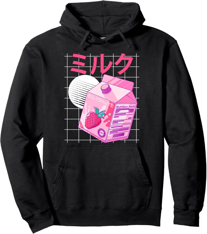 Japanese Kawaii Strawberry Milk Shake Carton Funny Retro 90s Pullover Hoodie