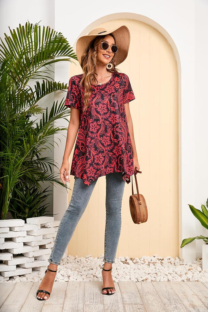 Enmain Damen Tunika Shirt Langarm/Kurzarm Longshirt Paisley Blumen 3/4 ärmel Locker Tops Sitzende Ob