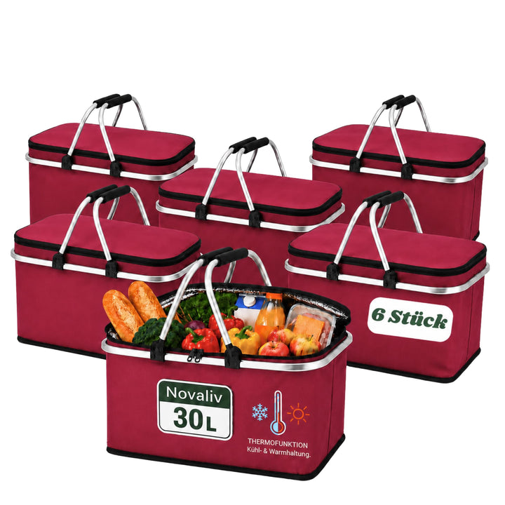 Novaliv 6er SET Einkaufskorb faltbar Thermokorb mit Kühlfunktion 30 Liter WEINROT Isolierkorb mit ge