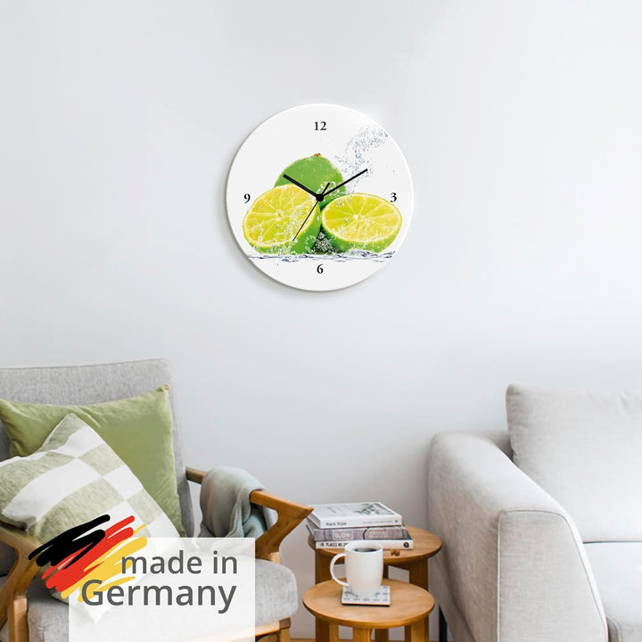 ARTLAND Wanduhr ohne Tickgeräusche Glas Quarzuhr Ø 30 cm Rund Lautlos Obst Früchte Limette im Wasser