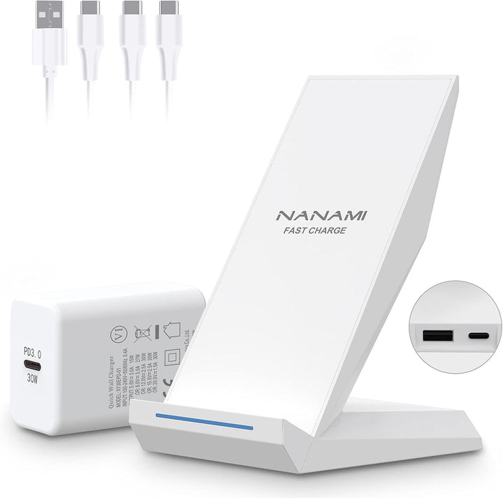 NANAMI Wireless Charger mit 30W USB-C Ladegerät - 2 in 1 Induktive Ladeständer mit Anschluss, Qi Kab