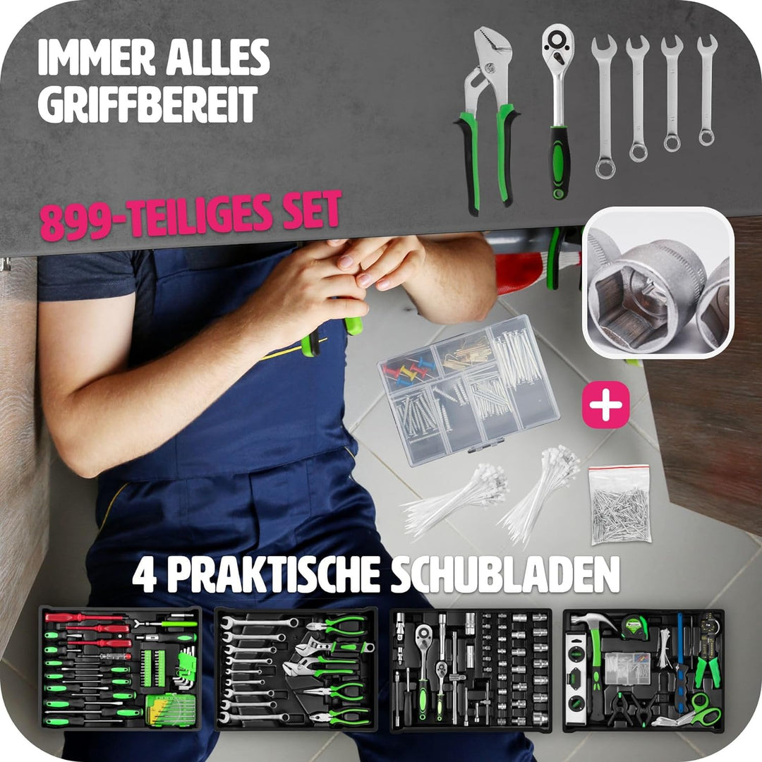 tectake® Werkzeug Set im Aluminium Koffer, Werkzeugkoffer gefüllt 899-tlg., Tool Werkzeugwagen fahrb