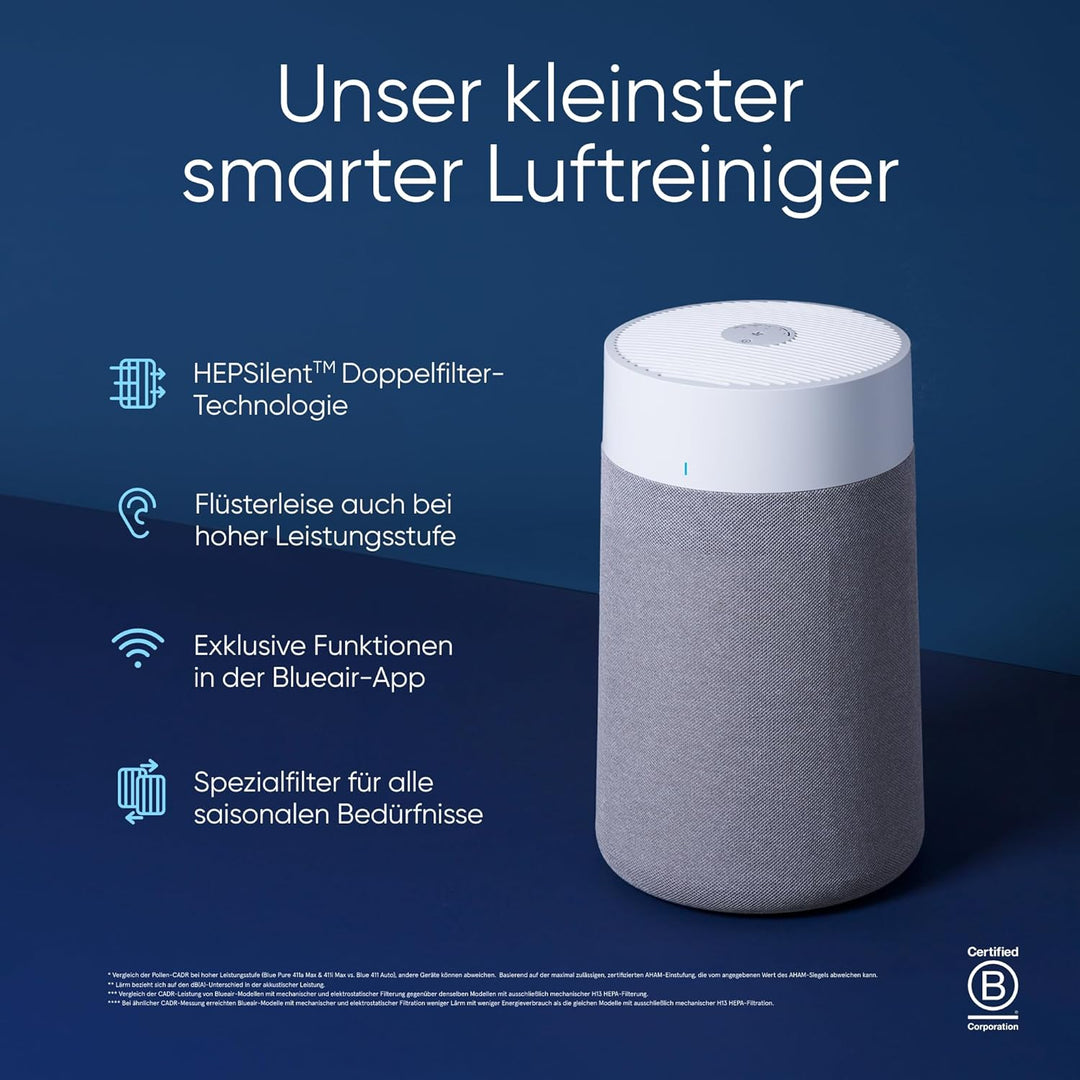 BLUEAIR Luftreiniger für kleine Räume, Schlafzimmer, Haus, reinigt 86 m² in 1h, HEPASilent Luftwäsch