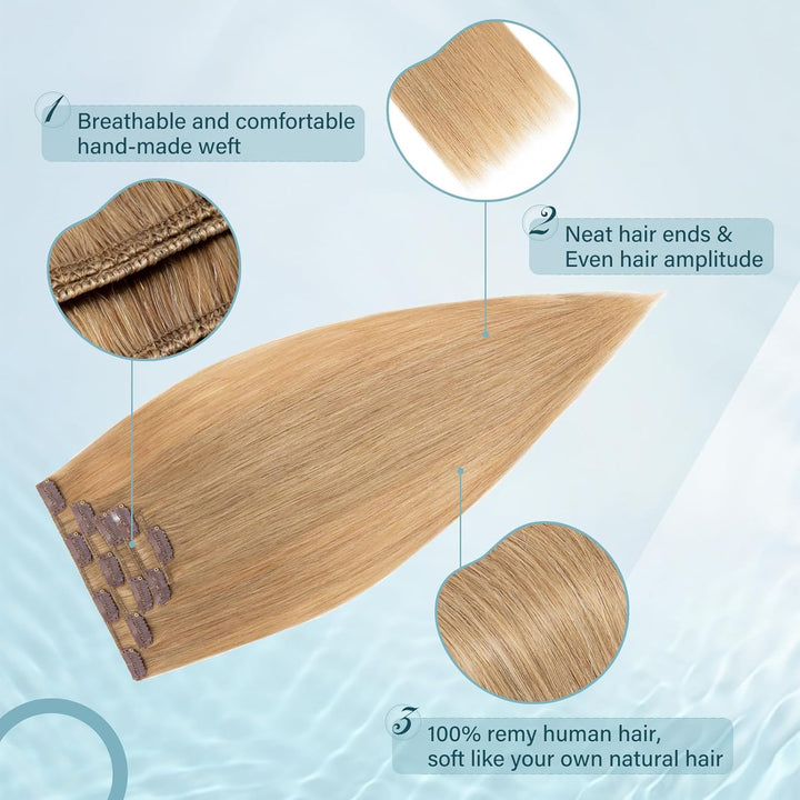 Elailite Echthaar Extensions Clip in #27 Honigblond, 5 Tressen Remy Haarverlängerung mit 12 Clips, 4