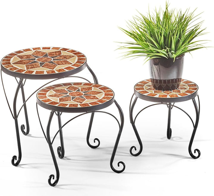 Kobolo Pflanzenständer TOSCANA | 3er Set | Mosaik Blumenständer aus Metall | rund im mediterranen Lo