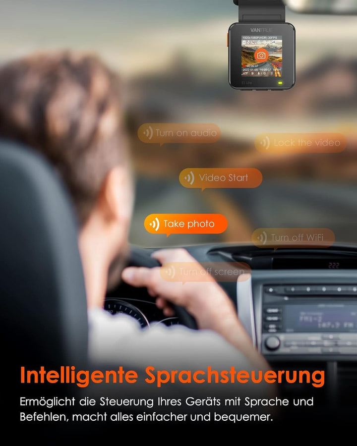 VANTRUE E1 lite Mini Dashcam WiFi vorne 1080P/30fps mit Sprachsteuerung, 1,54'' LCD Versteckte Dash