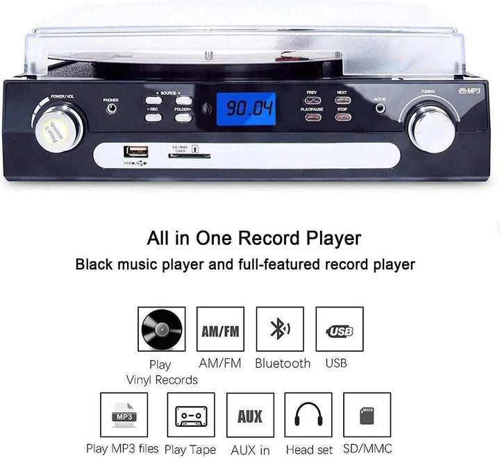 DIGITNOW! Vinil pikap Bluetooth pikap çalar Stereo hoparlörlü, pikap çalar 3 hız kademesi, kaset AM/