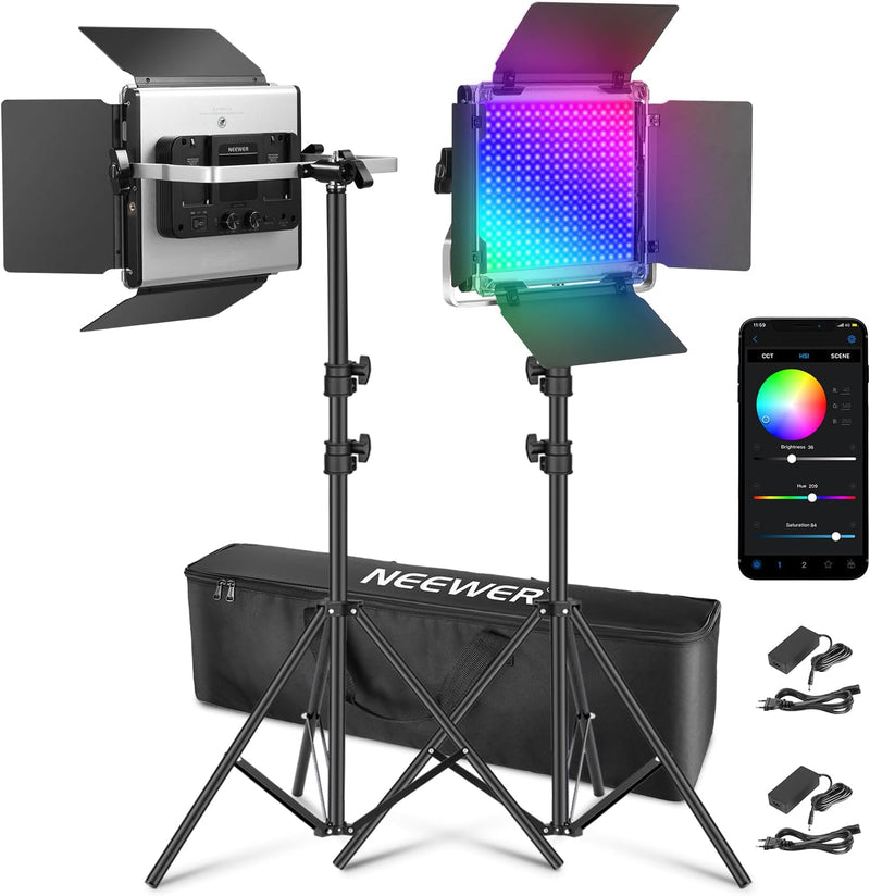 NEEWER 2X Verbesserte 660 PRO II 50W RGB LED Videoleuchte Panel Set Stative Ständer mit App Steuerun