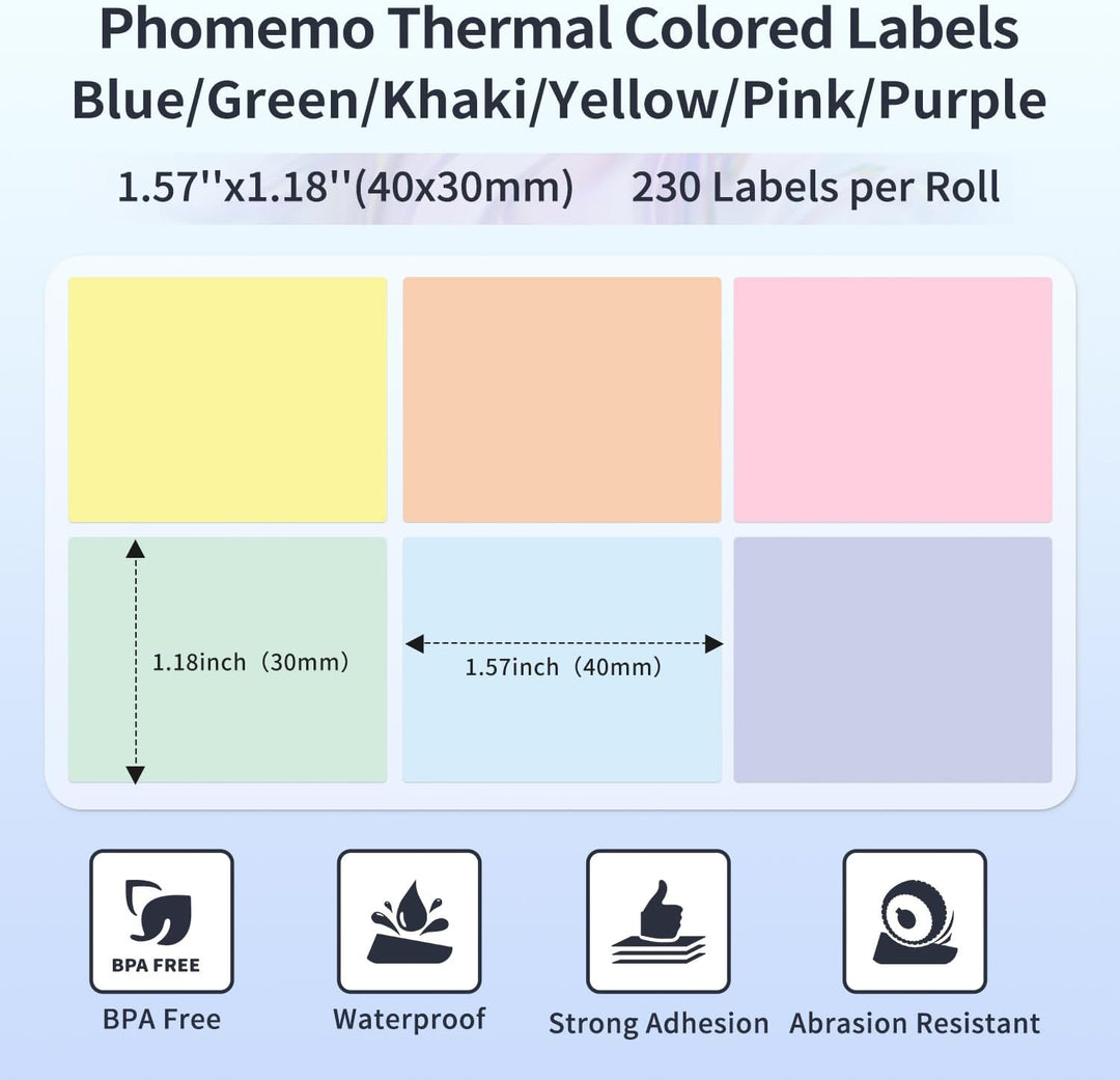 Phomemo M110/M220/M221/M200/M120 Farbige Selbstklebende Etiketten 40x30mm(1.57" x 1.18"), 6 Rollen F