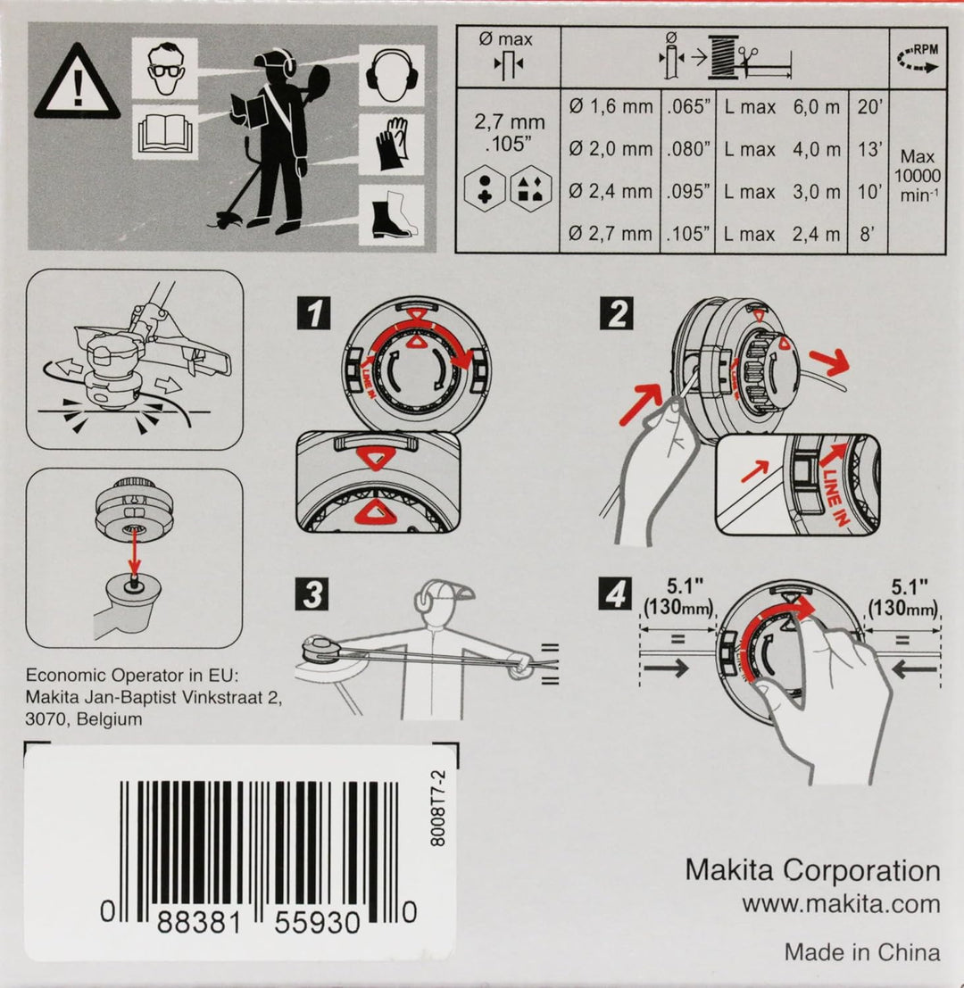 Makita 191D92-5 2-Fadenkopf Tap&Go M8 x 1,25, Rechtsgewinde, Ø 102 mm, mit 2,0 mm Four-Leaf Mähfaden