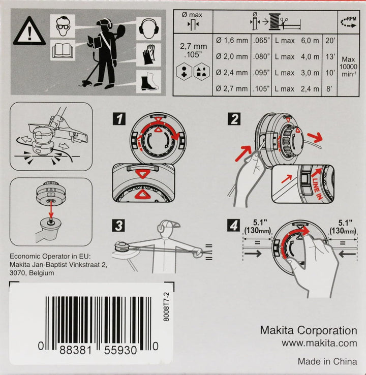 Makita 191D92-5 2-Fadenkopf Tap&Go M8 x 1,25, Rechtsgewinde, Ø 102 mm, mit 2,0 mm Four-Leaf Mähfaden