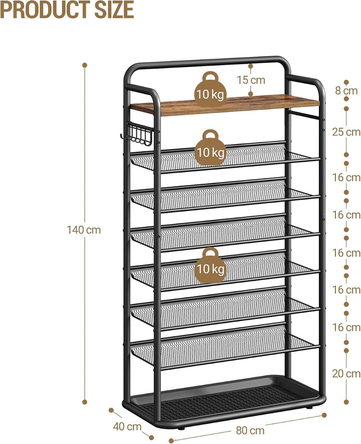Hzuaneri 8-Stöckiges Schuhregal, 80 cm, 5 Haken, Schuhabtropfschale | Flache und Kippbare Gitternetz
