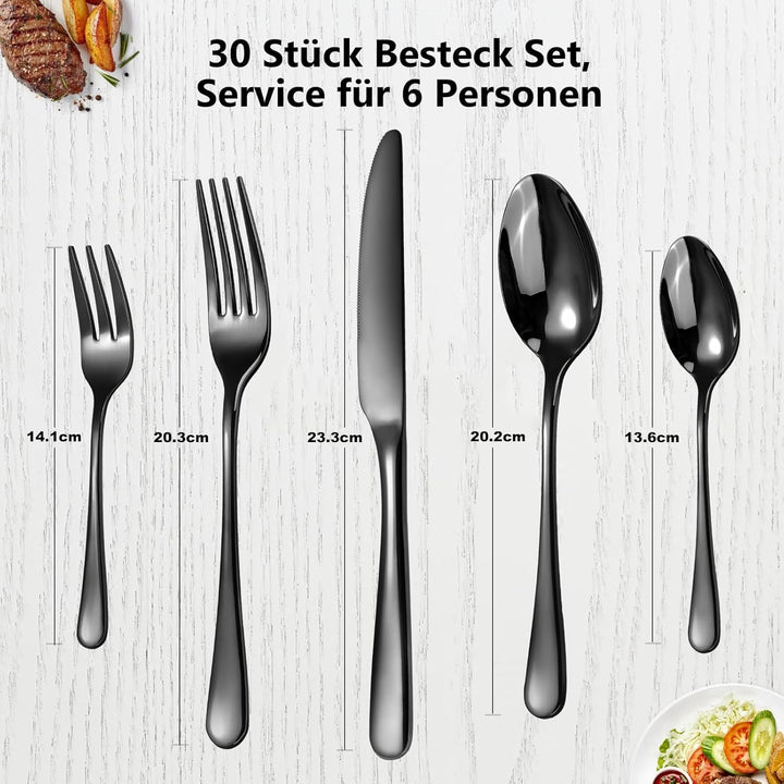 Targizer Besteck Set 6 Personen,Schwarzes Besteck,30 teilig Besteck Schwarz aus Edelstahl,Besteckset