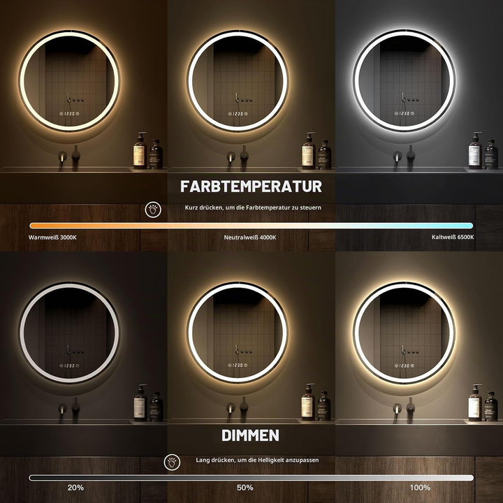 Dripex Badspiegel mit Beleuchtung Rund Led Spiegel mit Uhr und Touch-Schalter, Dimmbar, Beschlagfrei